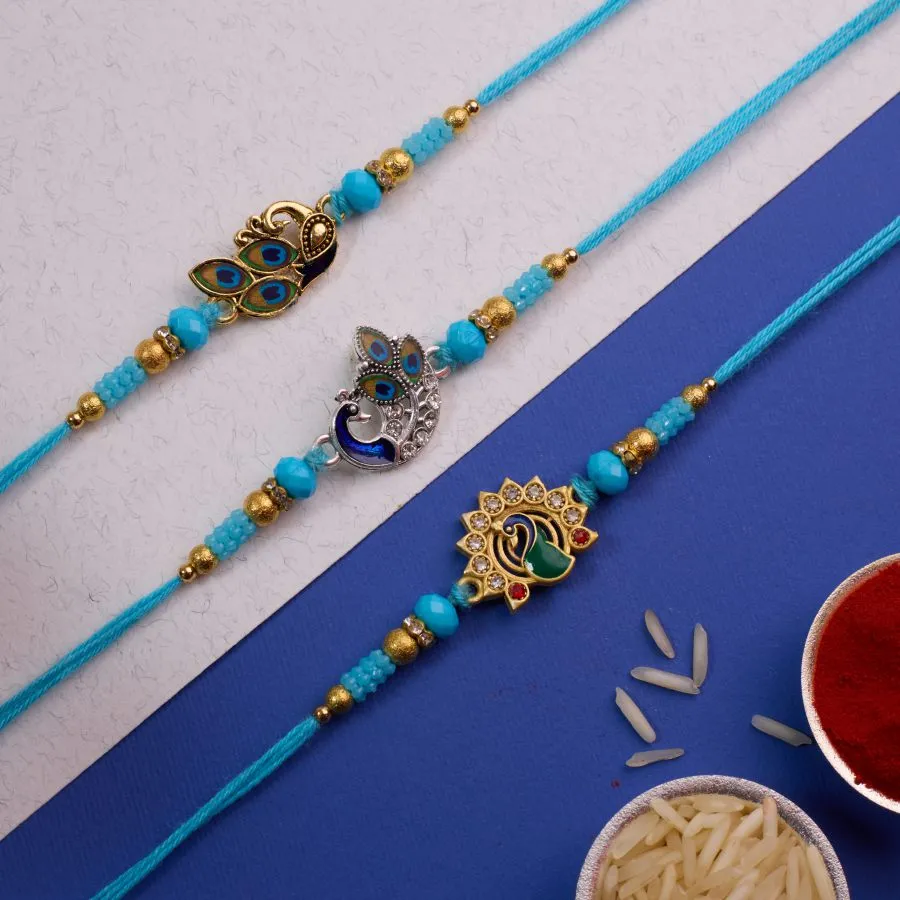 Peacock Charm Rakhi Trio 1