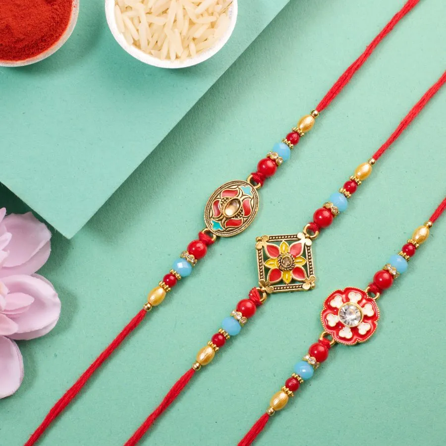 Kundan Elegance: 3 Rakhi Set 1