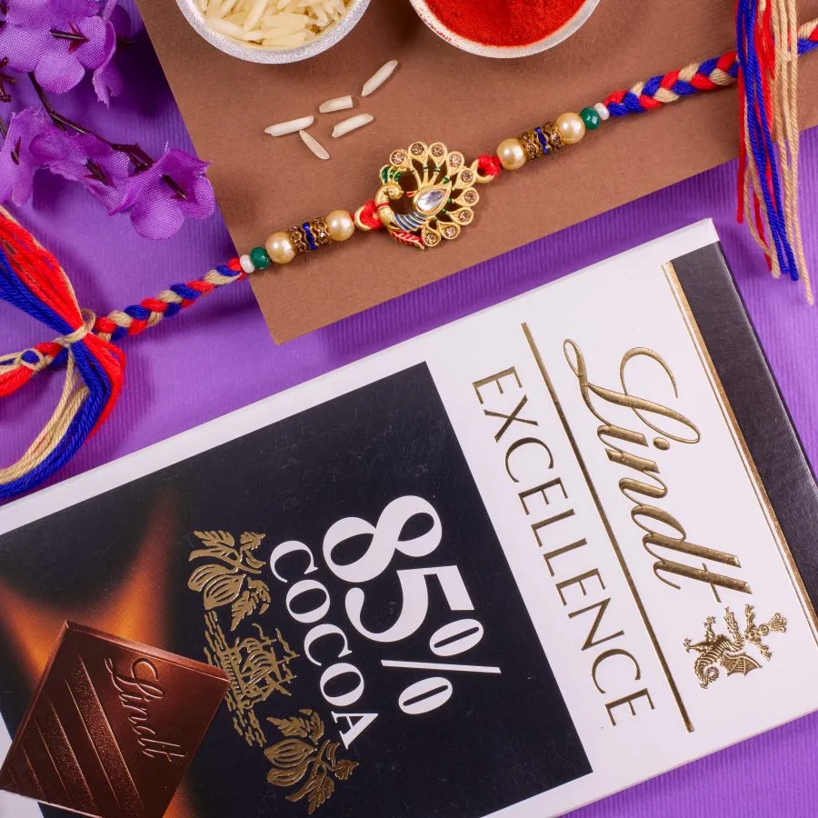 Kundan Peacock Rakhi with Gourmet Lindt Chocolates