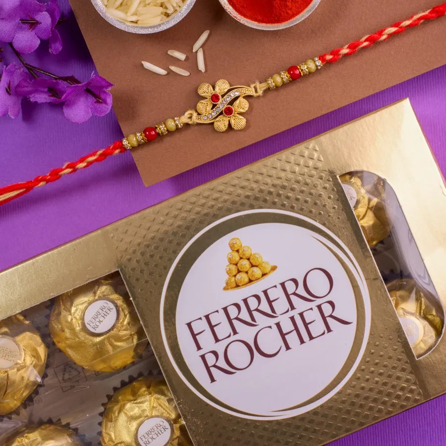 Vibrant Kundan Floral Rakhi with Ferrero Rocher