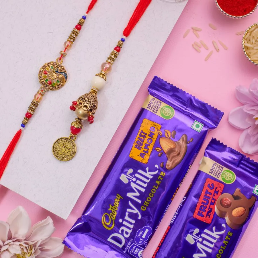 Elegant Kundan Bhaiya Bhabhi Rakhi & Chocolate Combo 1