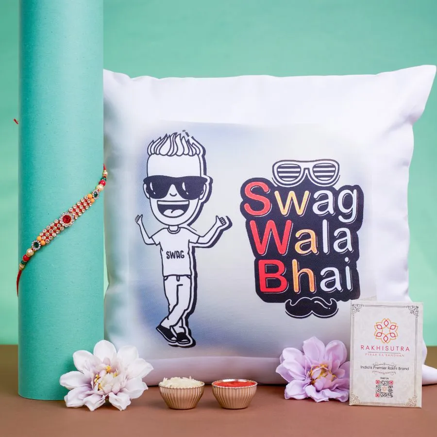 Modern AD Rakhi With Printed Cushion Set 1