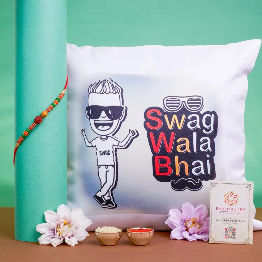 Sibling Love: Rudraksha Rakhi & Quirky Printed Cushion 1