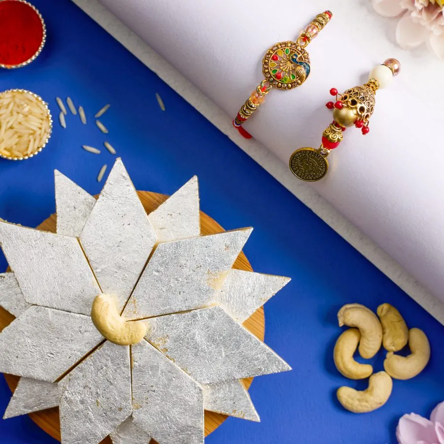 Elegant Kundan Rakhi Set with Kaju Katli 1
