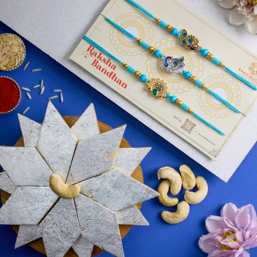 Stunning Peacock Rakhi Set N Kaju Katli Combo 1