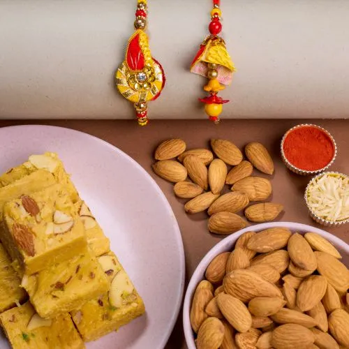 Zardosi Bhaiya Bhabhi Rakhi N Sweet Treats Hamper