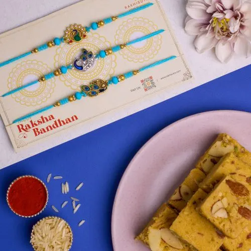 Kundan Peacock Rakhi Trio with Soan Papdi