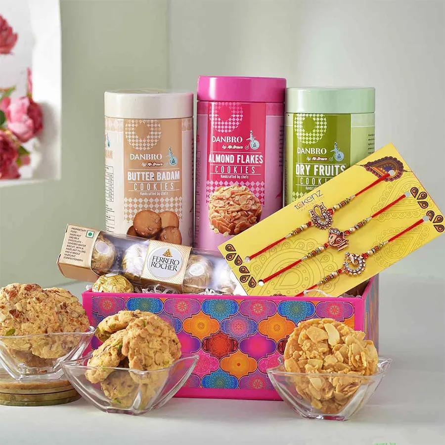 Deluxe Rakhi with Chocolates & Cookies Gift 1