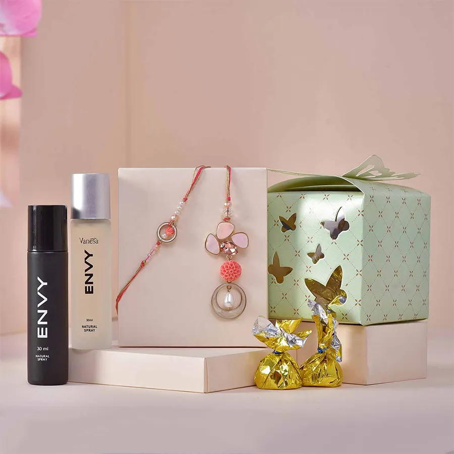 Couple Rakhi, Chocolate & Perfume Hamper 1