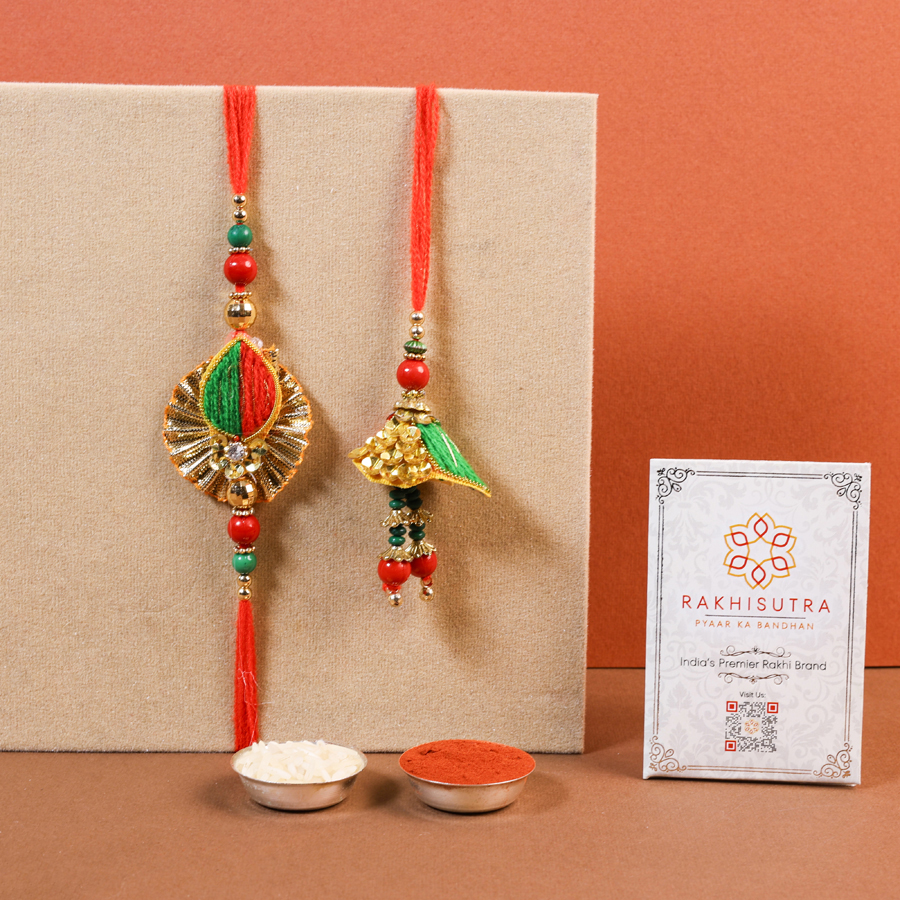 Elegant Bhaiya Bhabi Rakhi set with Roli Tika and message card. 1