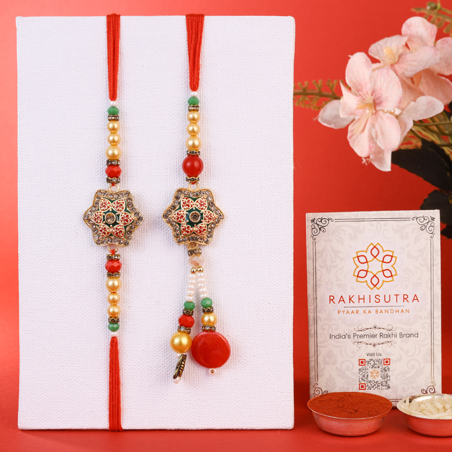 Graceful Bhai Bhabi Rakhi Set with Roli Tika and Message Card 1