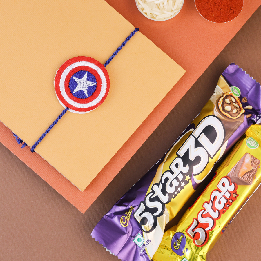 Superhero Rakhi Treat Box with Captain America Rakhi and chocolates 1