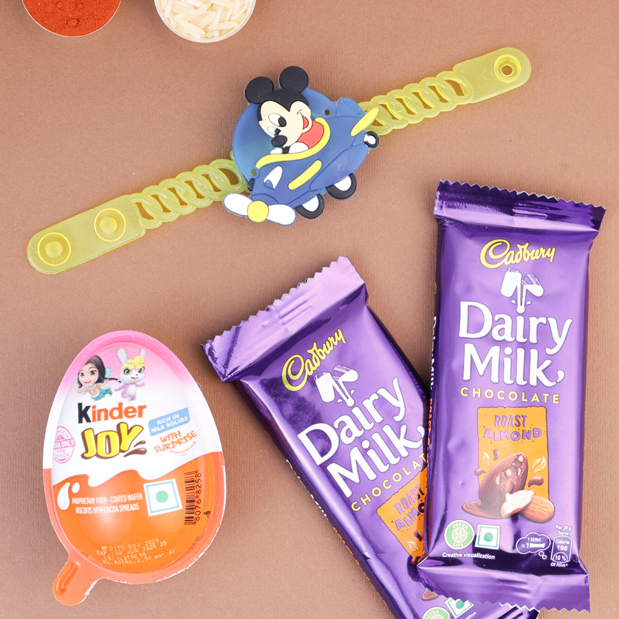 Mickey Mouse Rakhi with chocolates and traditional items 1