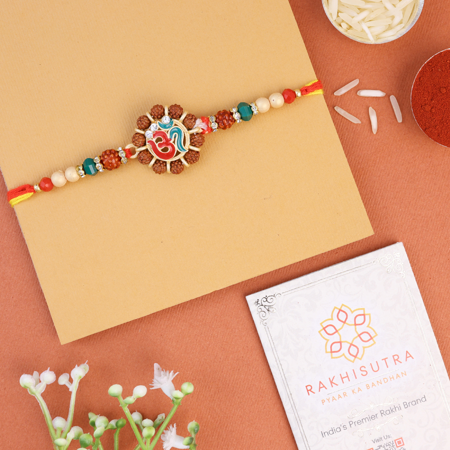 Om Rudraksh Rakhi set with Roli Tika and message card 1