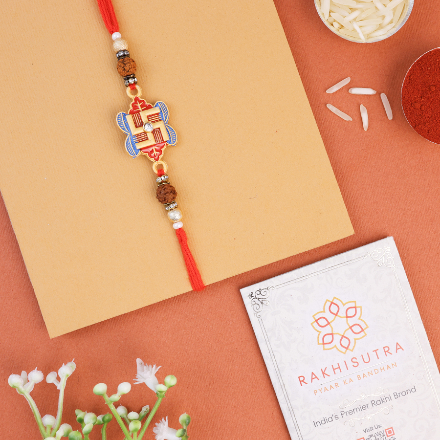 Swastik Rakhi gift set with roli tika and message card. 1