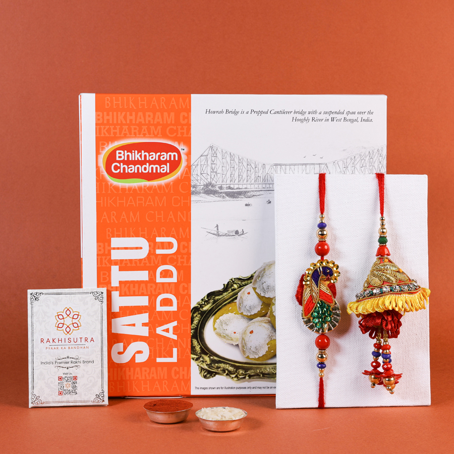 Traditional Bhaiya Bhabi hamper with sweets and Rakhis. 1