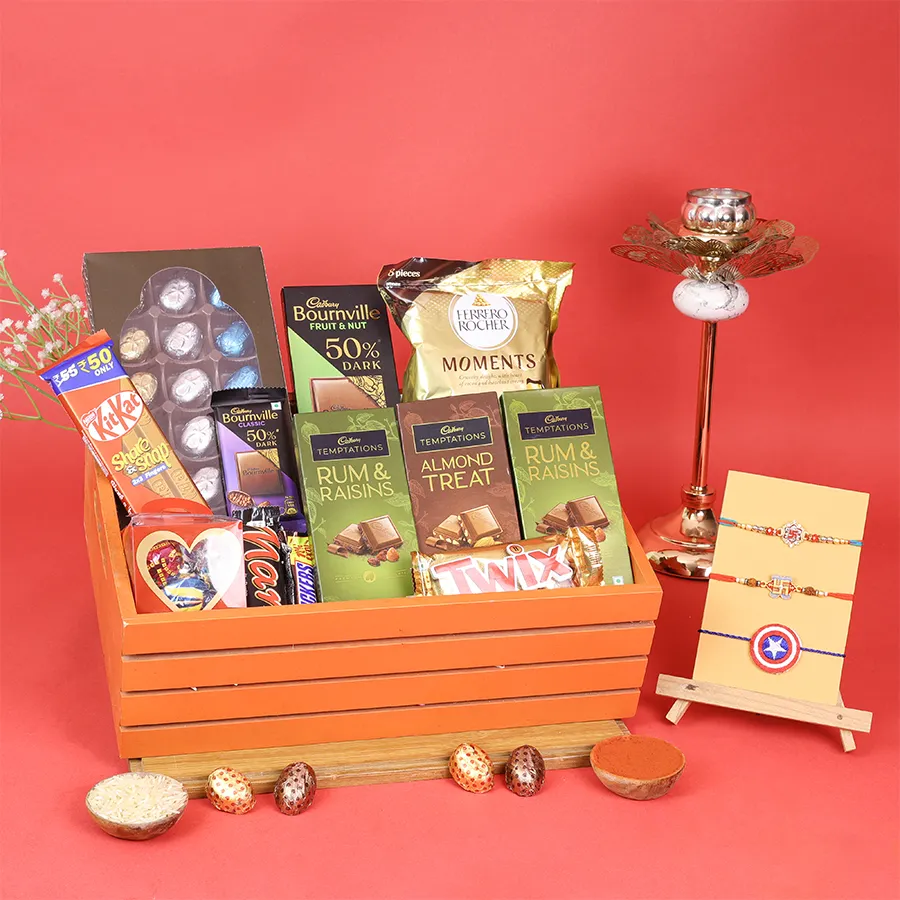 Wonderful Swastik Rakhi Chocolate Hamper featuring Rakhis and assorted chocolates 1