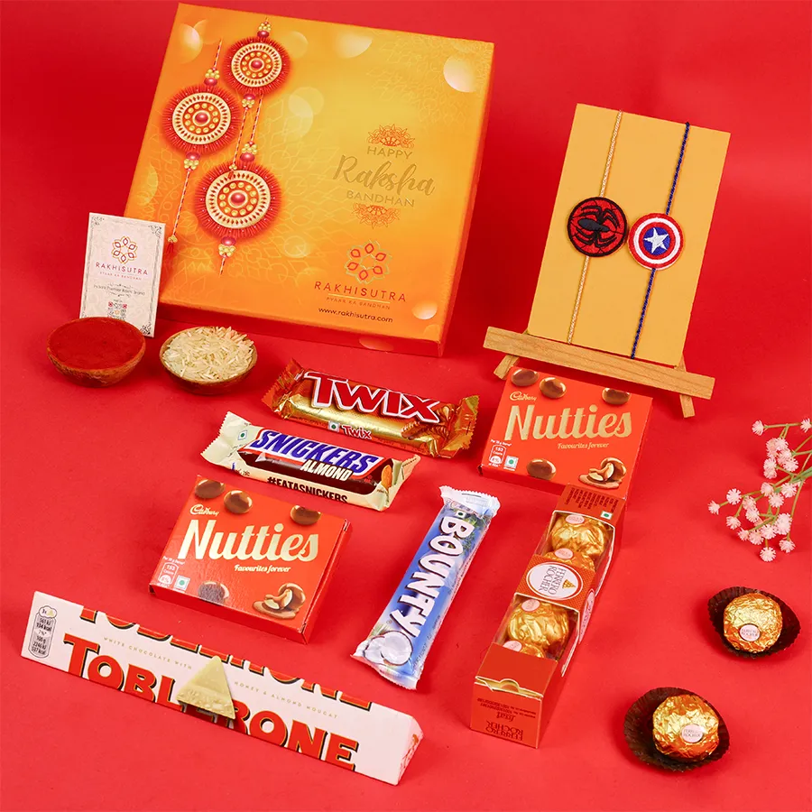 Superhero-themed Rakhi and chocolates gift box 1