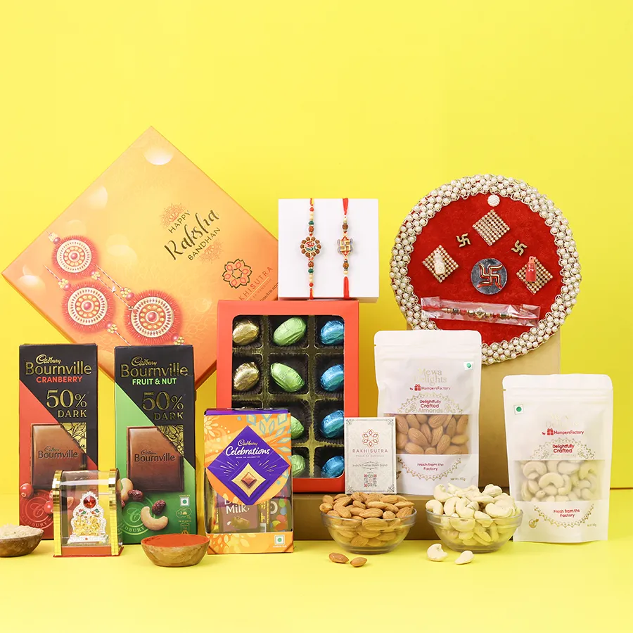 Elegant Rakhi hamper with homemade chocolates and spiritual items. 1