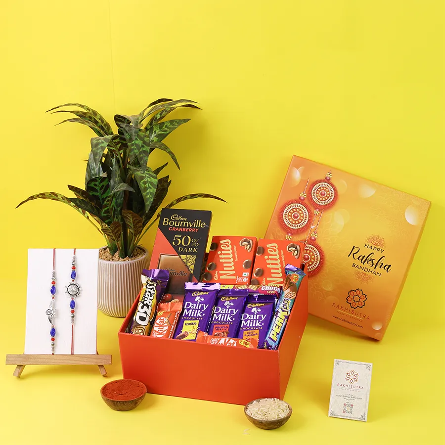 A festive rakhi and chocolate gift hamper. 1