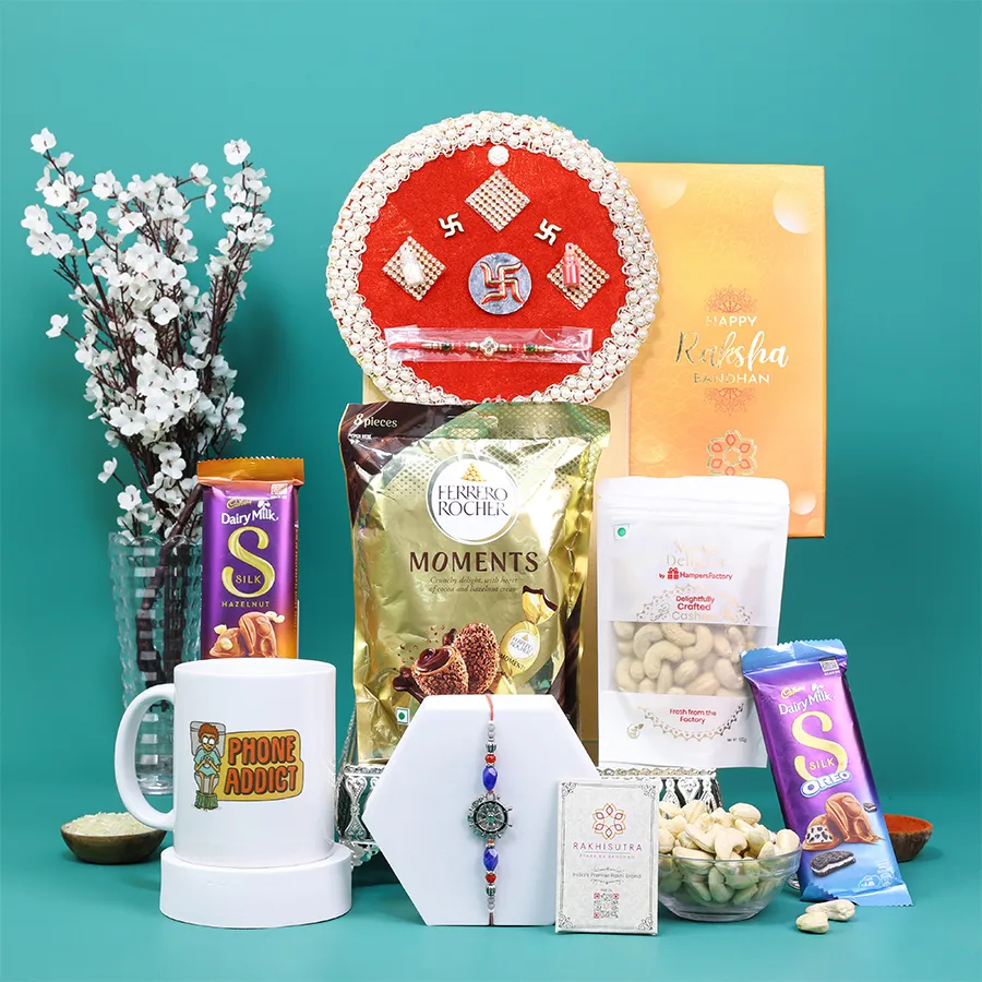 Quirky Rakhi gift box with chocolates and a fun mug 1