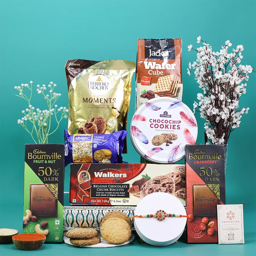 Premium OM Rakhi Gift Box with gourmet treats and message card 1