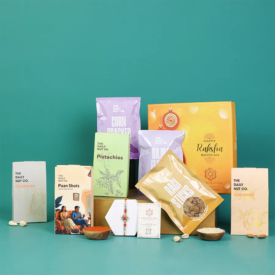 Premium Swastik Rakhi with a variety of healthy nuts in a gift box 1