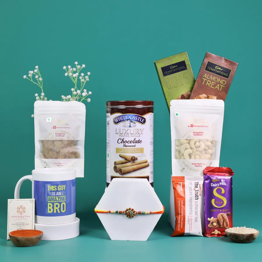 OM Rakhi with chocolates and a mug in a gift box 1