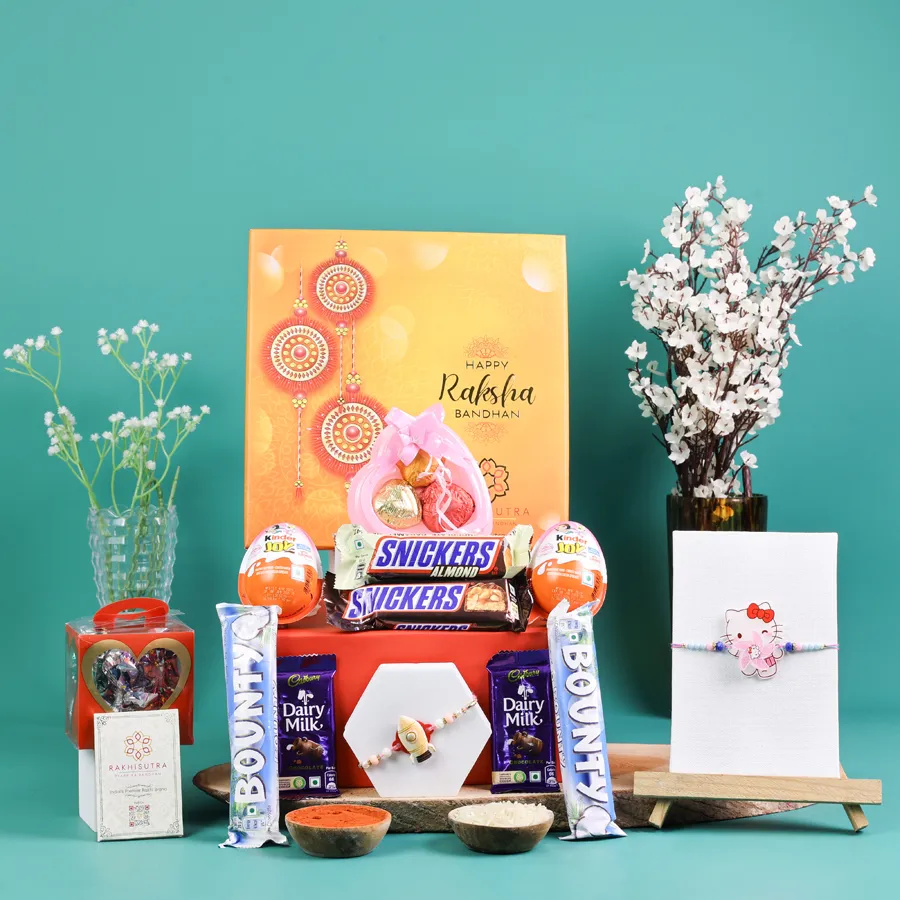 Cheerful Rakhi and treat explosion box filled with chocolates. 1