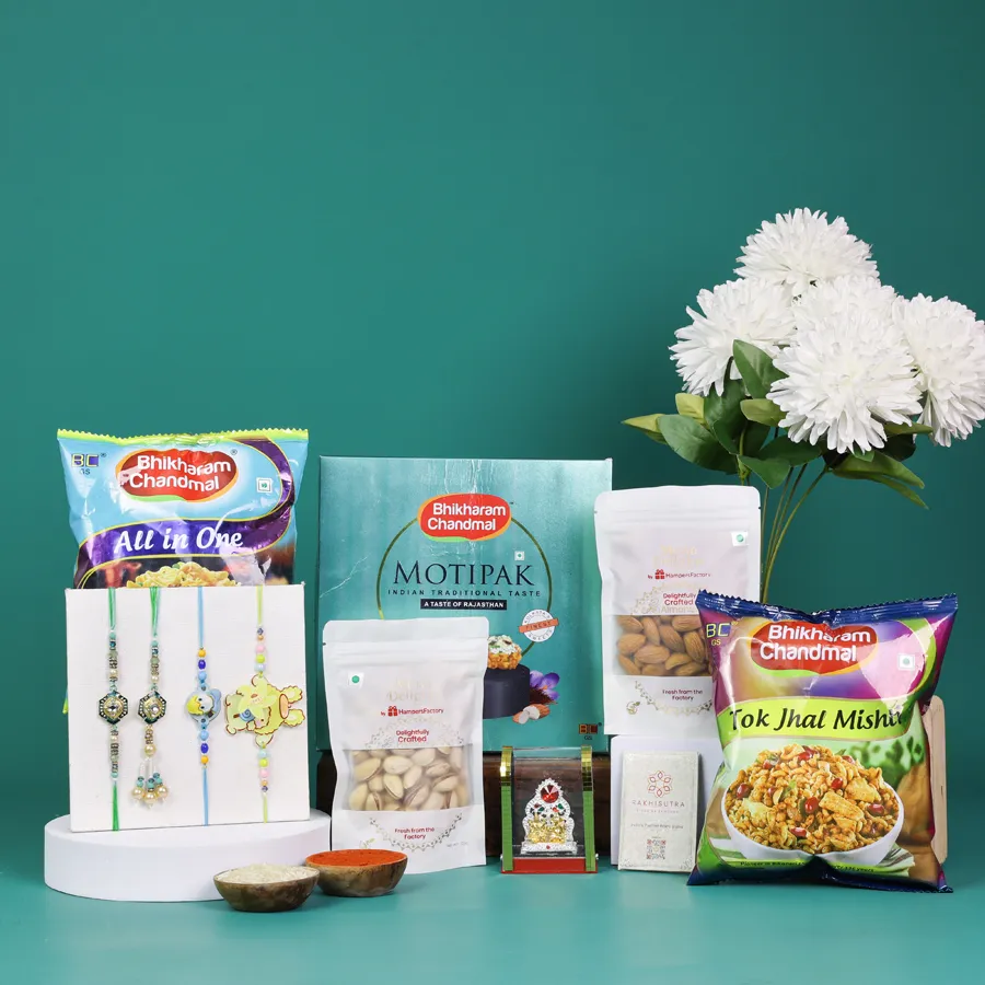 Festive Rakhi Box with Rakhis and treats 1