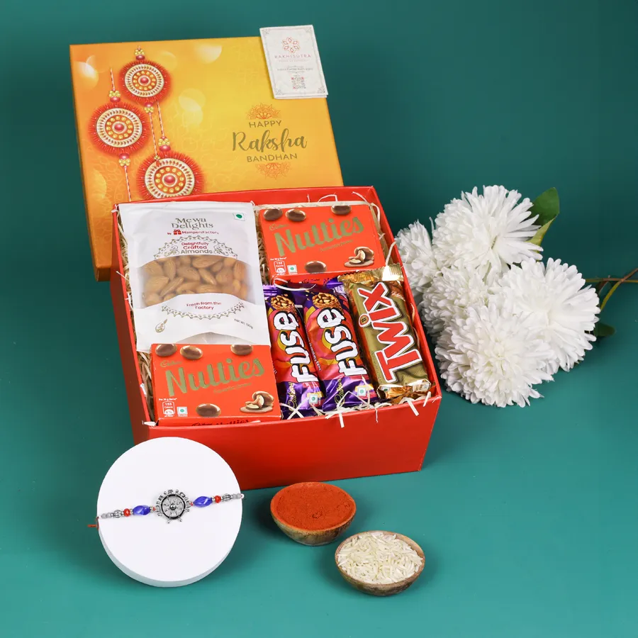 Fun Rakhi and snack box with Quirky Bro Rakhi 1
